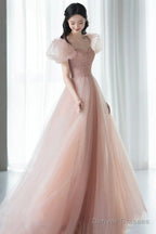 Pink Tulle Long A-Line Prom Dress With Beaded, Lovely Puff Sleeve Evening Dress