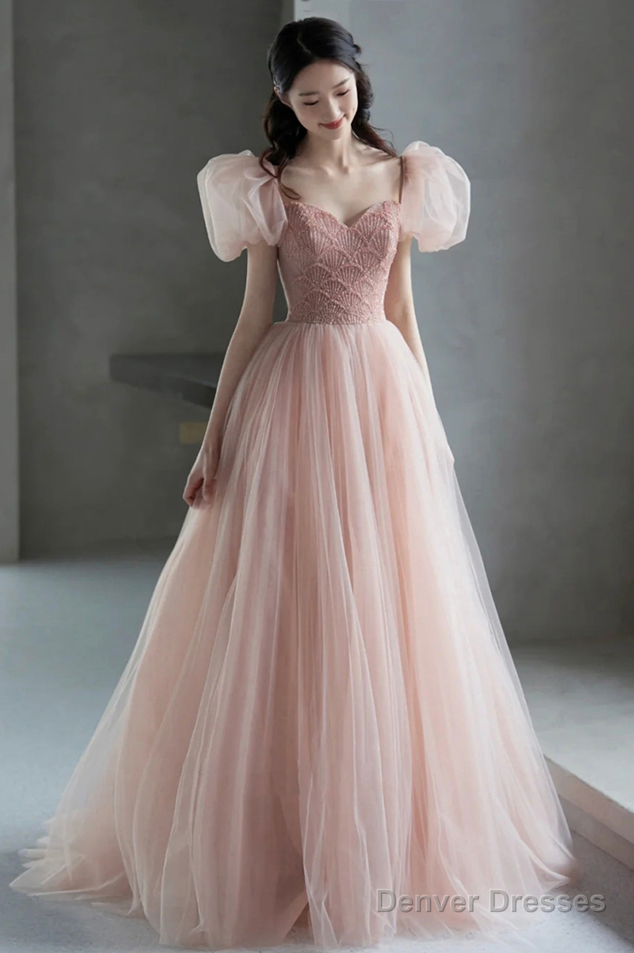Pink Tulle Long A-Line Prom Dress With Beaded, Lovely Puff Sleeve Evening Dress Main image