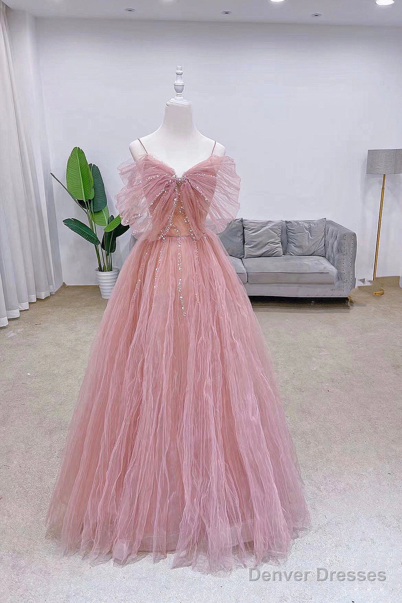 Pink Tulle Long A-Line Prom Dress with Bow, Pink Evening Graduation Dress