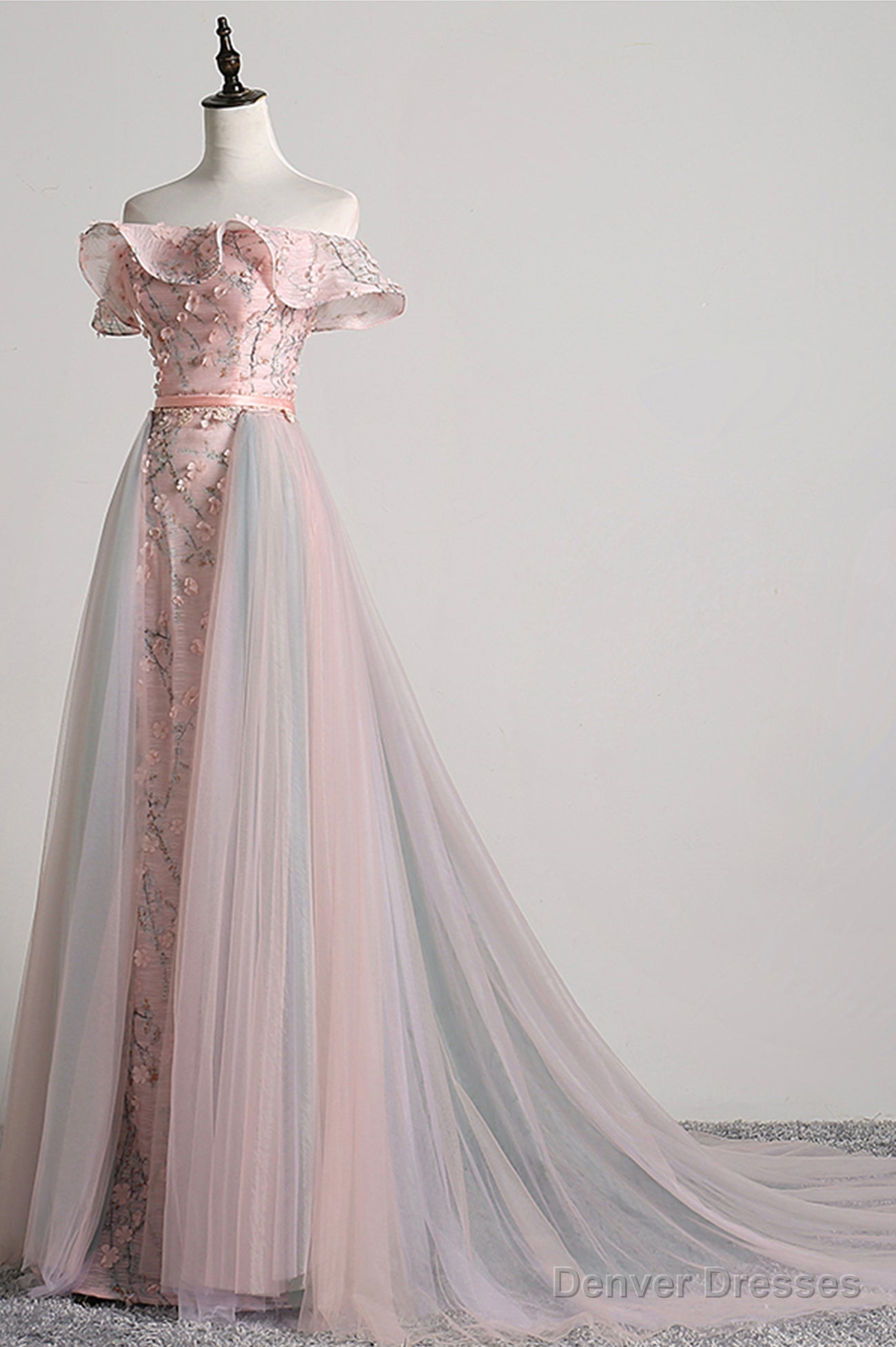 Pink Tulle Long A-Line Prom Dress with Train, Off the Shoulder Formal Evening Dress Main image