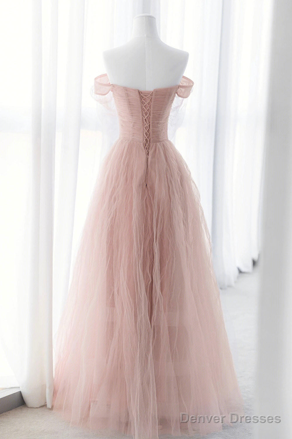 Pink Tulle Long A-Line Prom Dresses, Pink Evening Dresses with Bow Secondary image