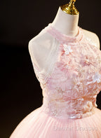 Pink Tulle Long Formal Dress With Floral Lace, Pink Halter Tulle Sweet 16 Dress