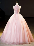 Pink Tulle Long Formal Dress With Floral Lace, Pink Halter Tulle Sweet 16 Dress