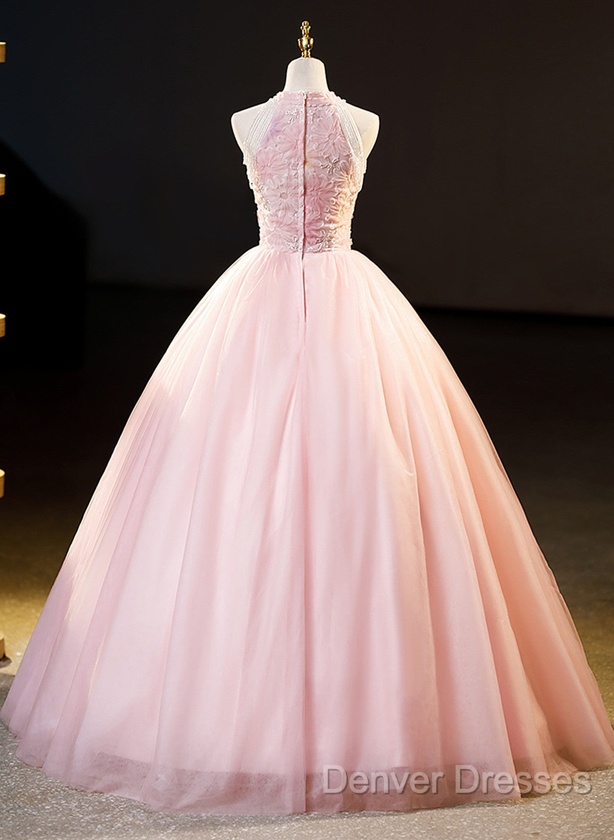 Pink Tulle Long Formal Dress With Floral Lace, Pink Halter Tulle Sweet 16 Dress