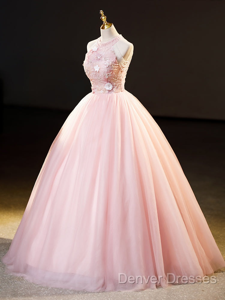 Pink Tulle Long Formal Dress With Floral Lace, Pink Halter Tulle Sweet 16 Dress