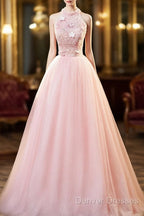 Pink Tulle Long Formal Dress With Floral Lace, Pink Halter Tulle Sweet 16 Dress