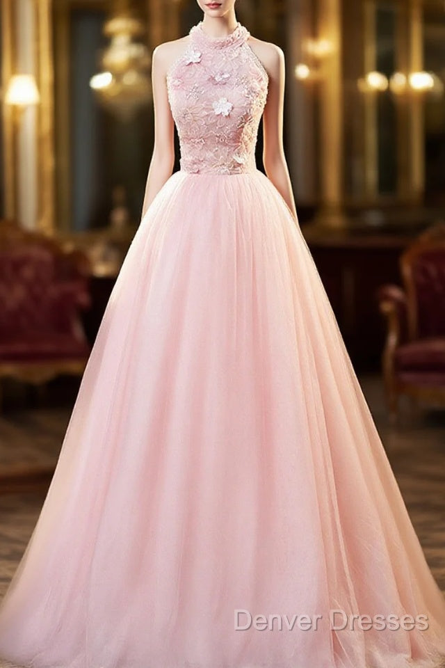 Pink Tulle Long Formal Dress With Floral Lace, Pink Halter Tulle Sweet 16 Dress
