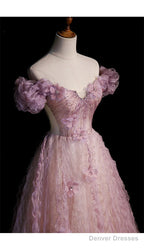 Pink Tulle Long Off Shoulder Party Dress with Flowers Pink Evening Dress Formal Dress prom dresses shops