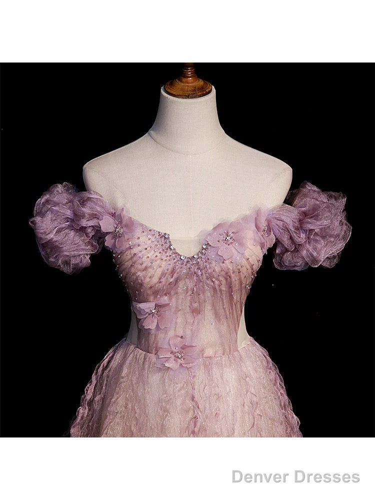 Pink Tulle Long Off Shoulder Party Dress with Flowers Pink Evening Dress Formal Dress prom dresses shops