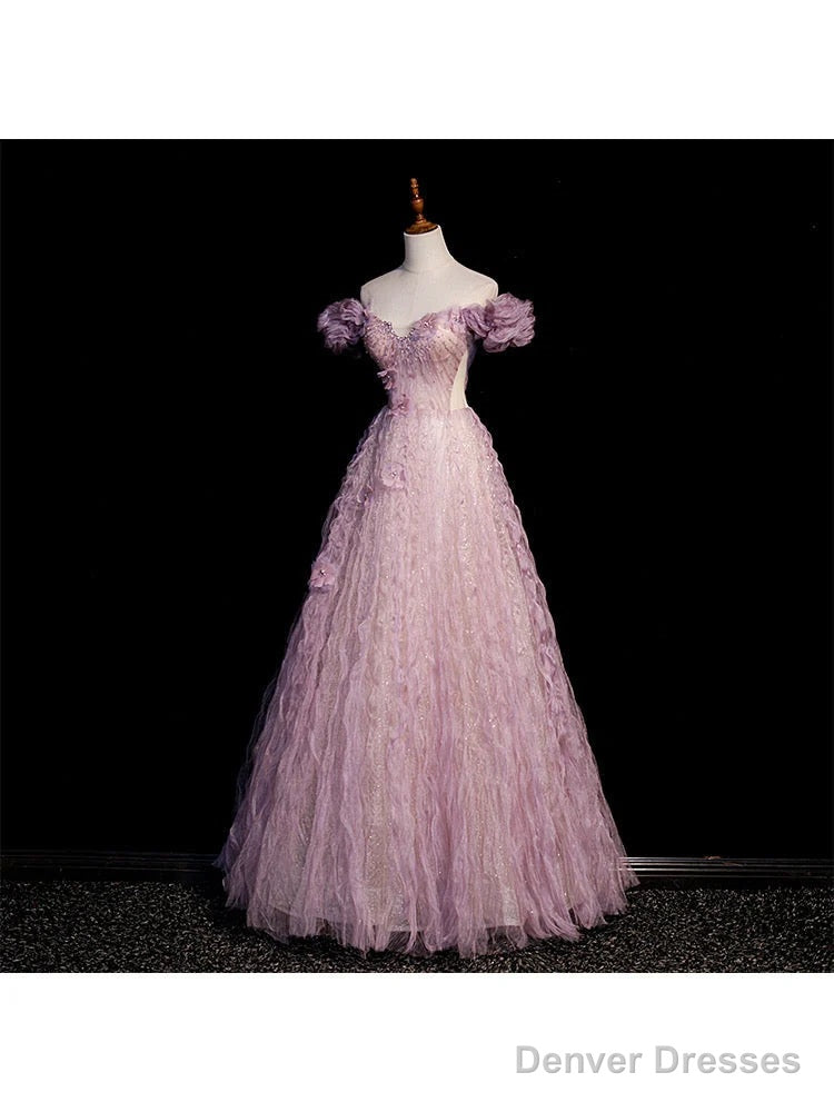 Pink Tulle Long Off Shoulder Party Dress with Flowers Pink Evening Dress Formal Dress prom dresses shops Main image