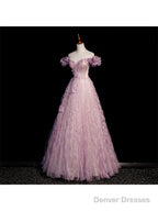 Pink Tulle Long Off Shoulder Party Dress With Flowers, Pink Evening Dress Prom Dress