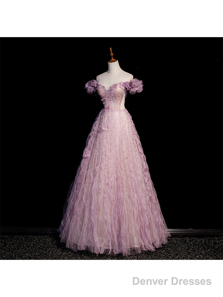 Pink Tulle Long Off Shoulder Party Dress With Flowers, Pink Evening Dress Prom Dress