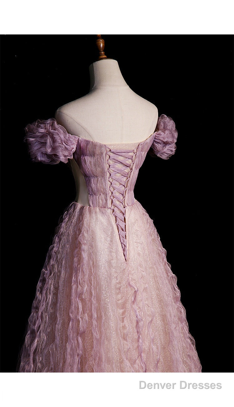 Pink Tulle Long Off Shoulder Party Dress With Flowers, Pink Evening Dress Prom Dress