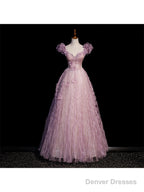 Pink Tulle Long Off Shoulder Party Dress With Flowers, Pink Evening Dress Prom Dress