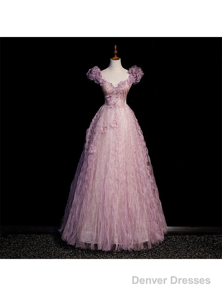 Pink Tulle Long Off Shoulder Party Dress With Flowers, Pink Evening Dress Prom Dress