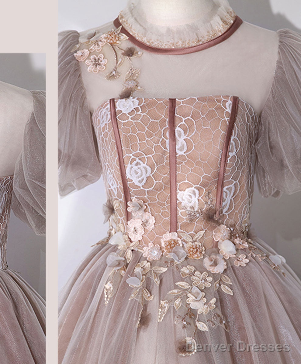 Pink Tulle Long Prom Dress, Pink Formal Sweet 16 Dress with Applique Beading