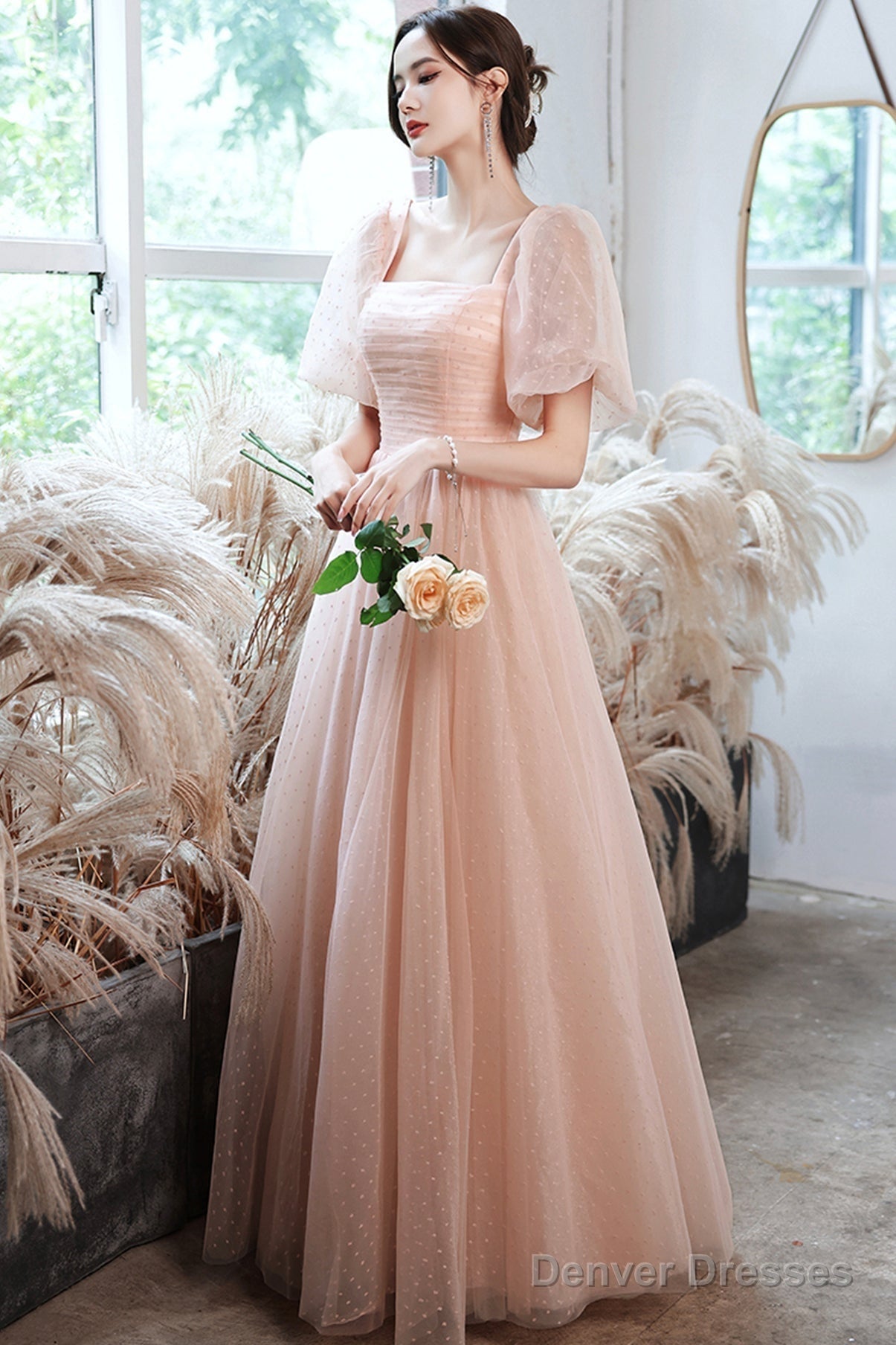 Pink Tulle Long Prom Dresses, A-Line Evening Dresses Main image