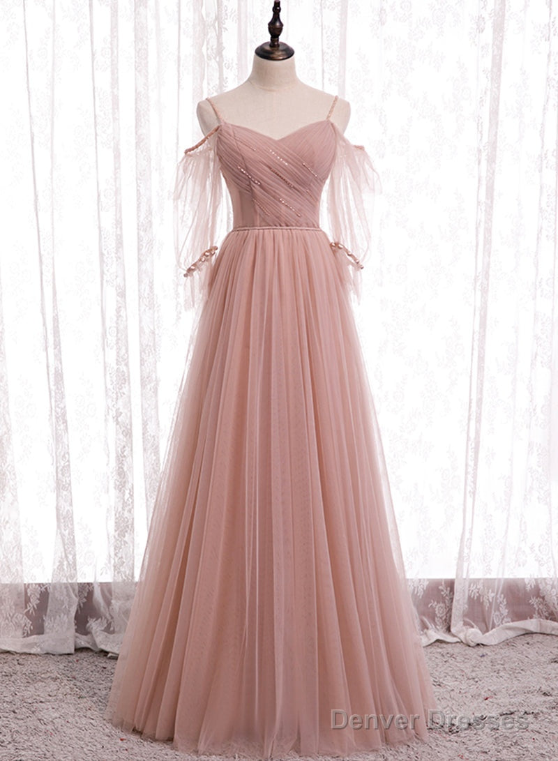 Pink Tulle Long Prom Dresses, A-Line Evening Party Dresses