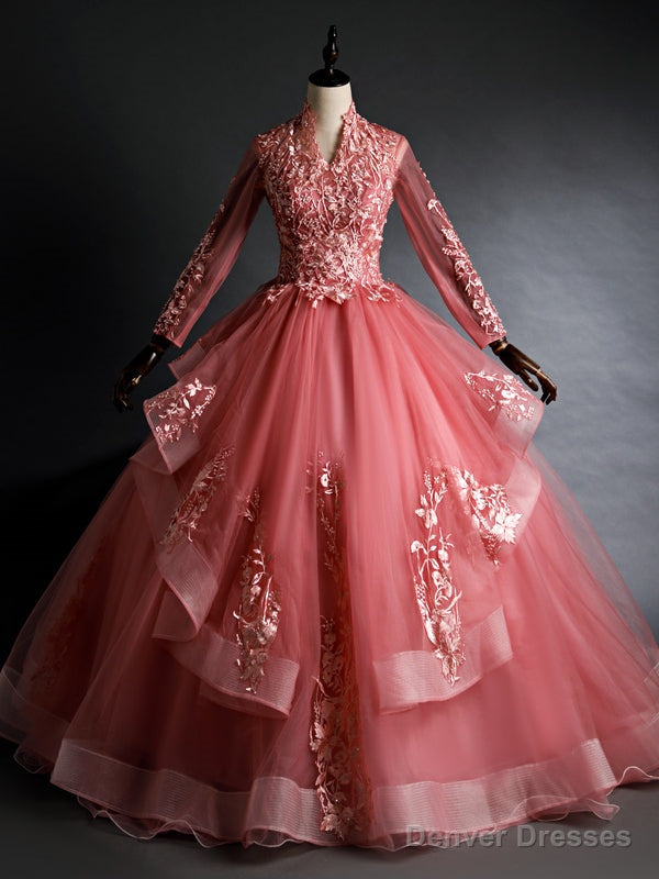 Pink Tulle Long Sleeve Appliques Quinceanera Dress Main image
