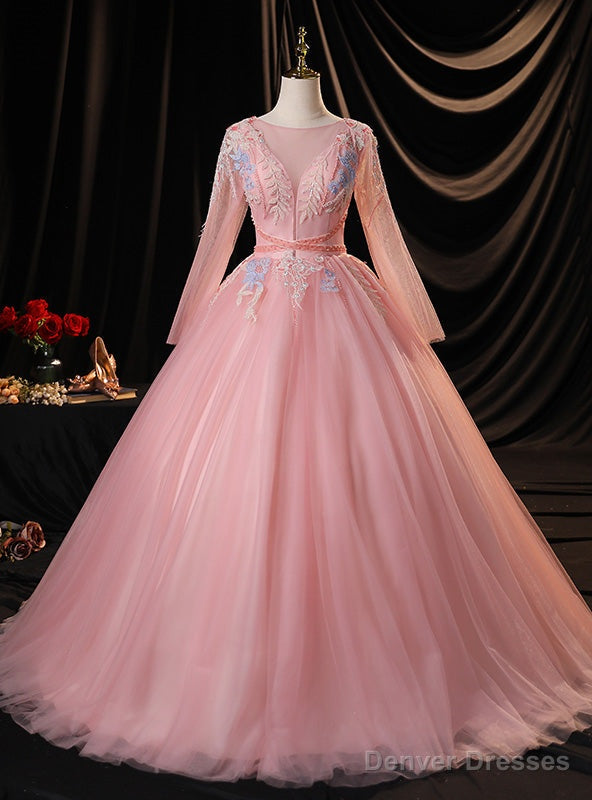 Pink Tulle Long Sleeve Sequins Beading Quinceanera Dress Main image