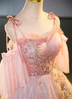 Pink Tulle Off Shoulder Beaded A-Line Prom Dress, Pink Tulle Long Party Dress