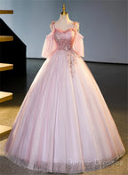 Pink Tulle Off Shoulder Beaded A-Line Prom Dress, Pink Tulle Long Party Dress