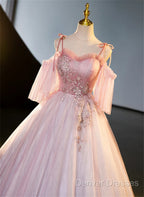 Pink Tulle Off Shoulder Beaded A-Line Prom Dress, Pink Tulle Long Party Dress