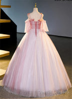 Pink Tulle Off Shoulder Beaded A-Line Prom Dress, Pink Tulle Long Party Dress