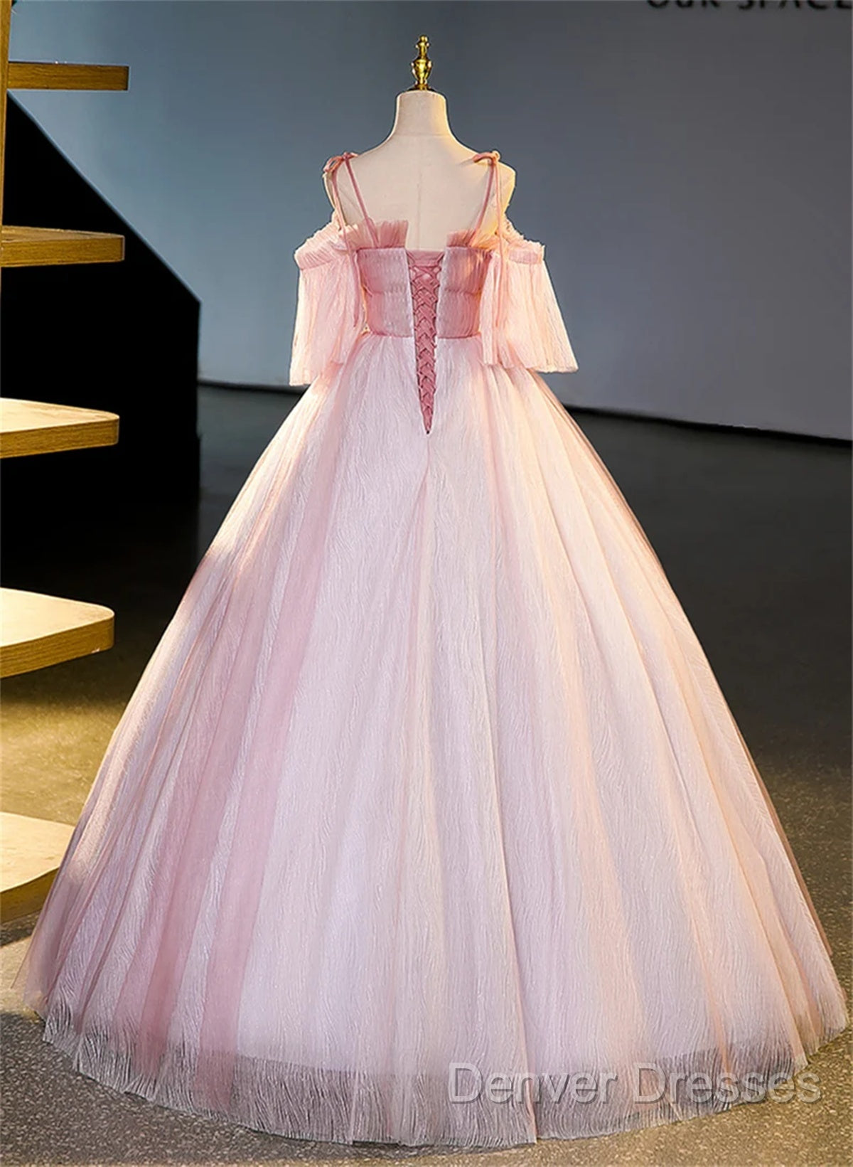 Pink Tulle Off Shoulder Beaded A-Line Prom Dress, Pink Tulle Long Party Dress