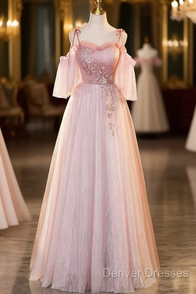 Pink Tulle Off Shoulder Beaded A-Line Prom Dress, Pink Tulle Long Party Dress Main image