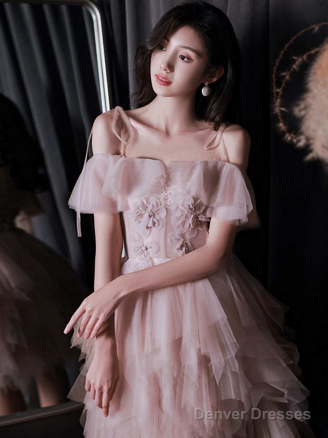 Pink Tulle Off Shoulder Short Prom Dress Pink Cocktail Dress Secondary image