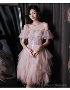 Pink Tulle Off Shoulder Short Prom Dress Pink Cocktail Dress