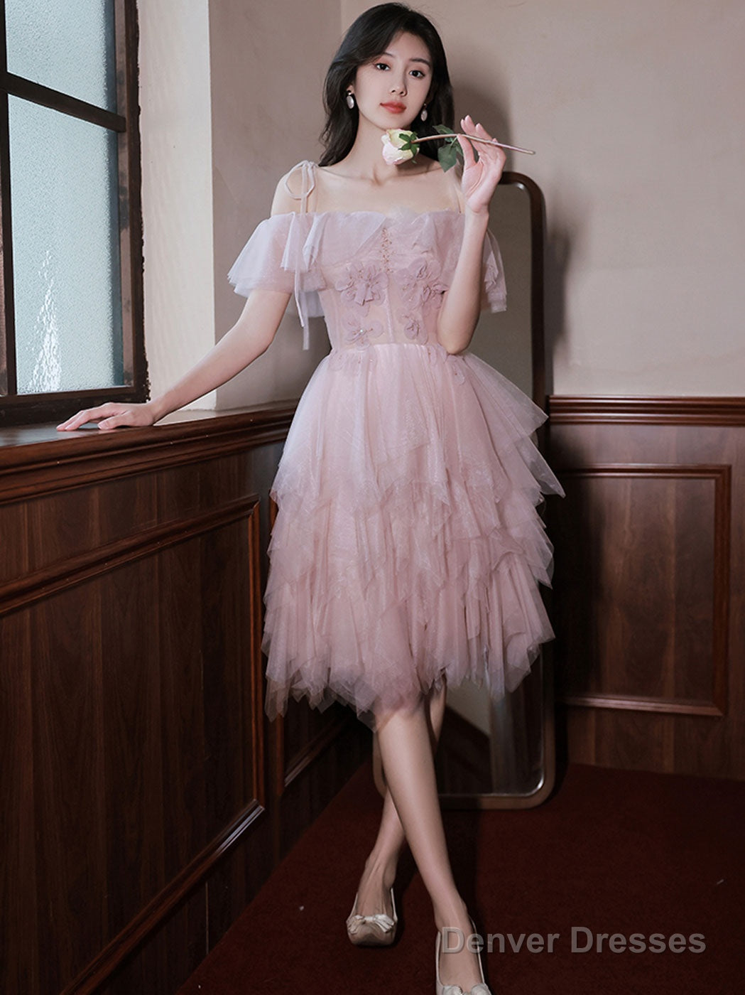 Pink Tulle Off Shoulder Short Prom Dress Pink Cocktail Dress Main image
