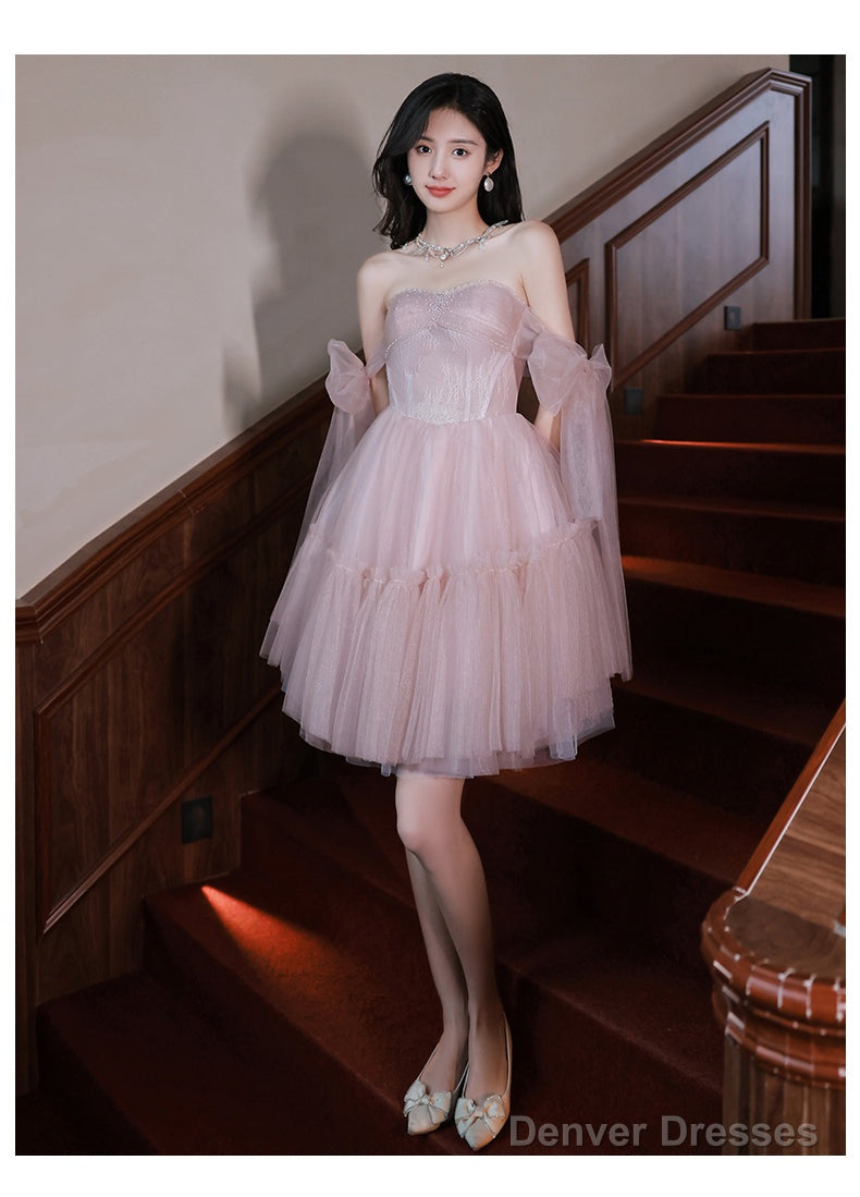Pink Tulle Off Shoulder Short Prom Dress Pink Evening Dress Secondary image
