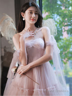 Pink Tulle Off Shoulder Short Prom Dress Pink Evening Dress