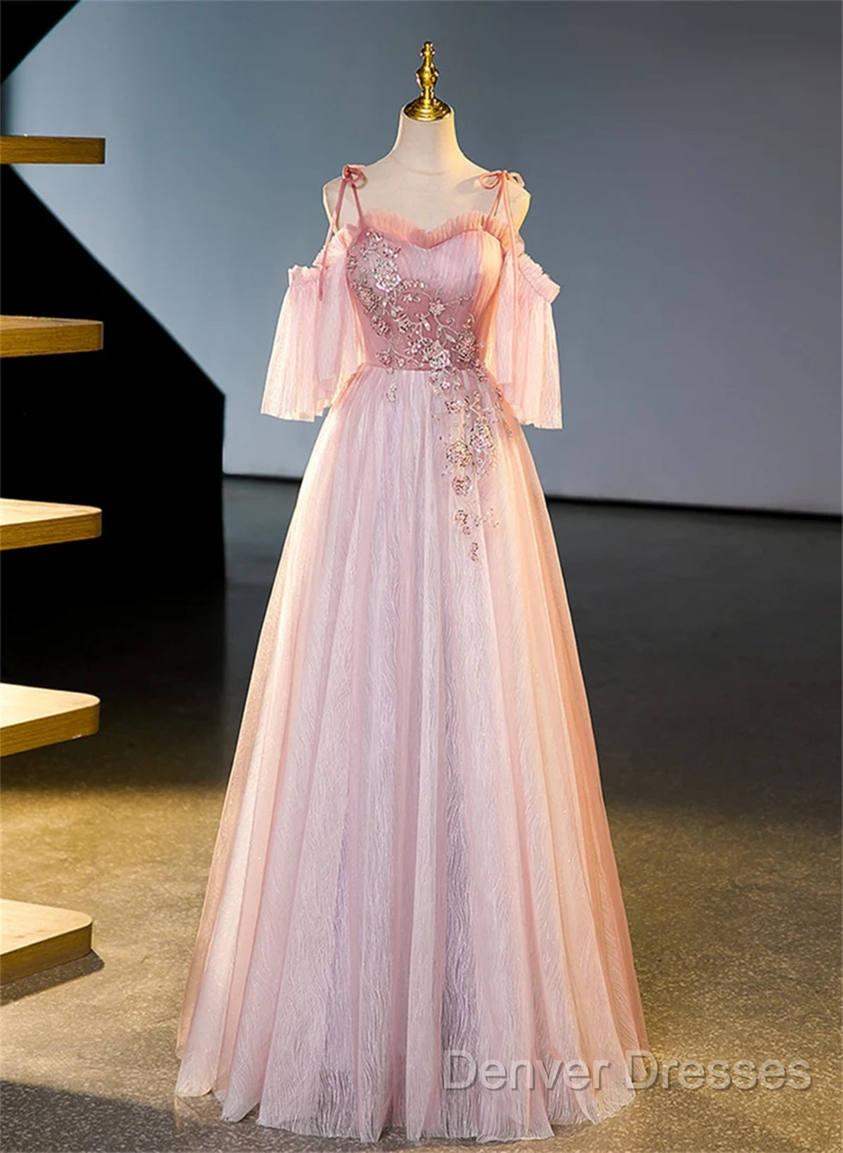 Pink Tulle Off Shoulder Sweetheart Long Formal Dress, Pink Beaded Sweet 16 Dress Secondary image