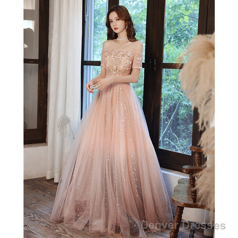 Pink Tulle Off Shoulder With Lace A-Line Party Dress, Pink Long Evening Gown