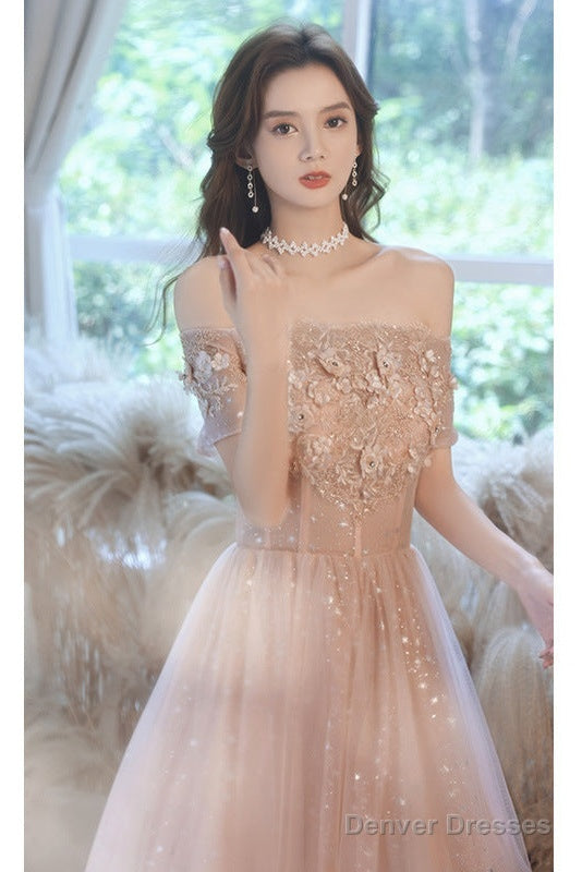 Pink Tulle Off Shoulder With Lace A-Line Party Dress, Pink Long Evening Gown