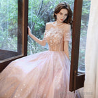 Pink Tulle Off Shoulder With Lace A-Line Party Dress, Pink Long Evening Gown