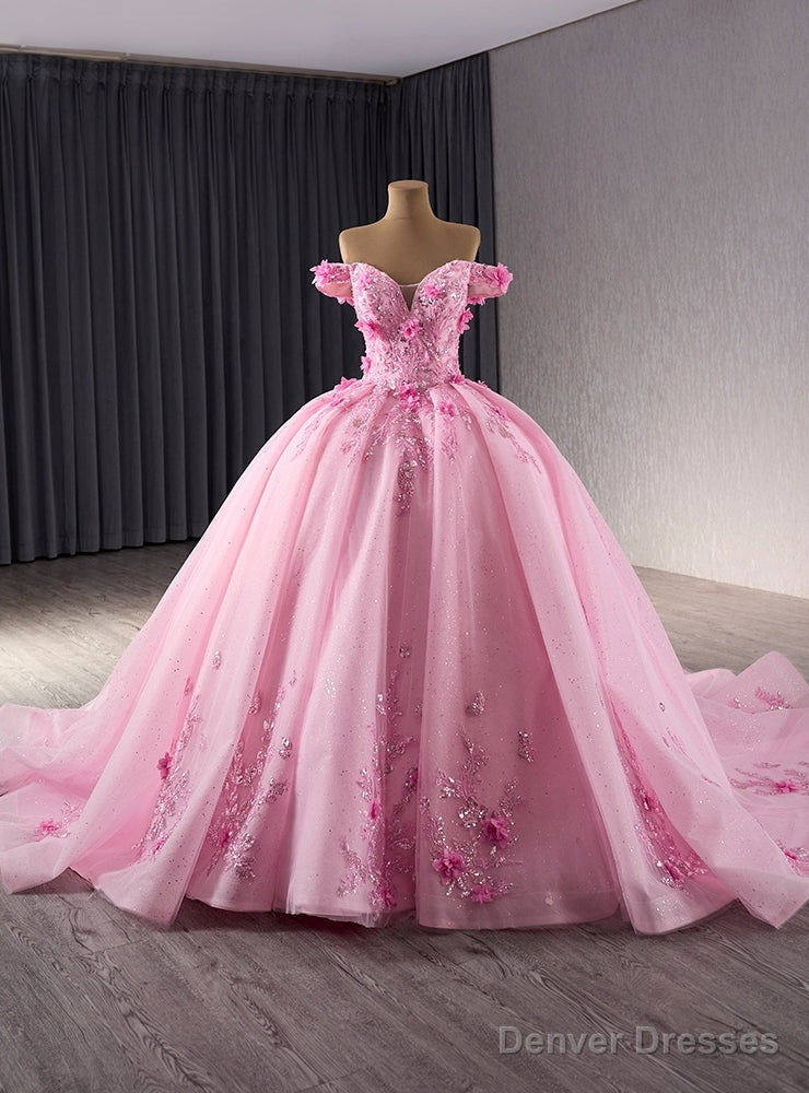 Pink Tulle Off the Shoulder 3D Flower Prom Princess Dress Main image