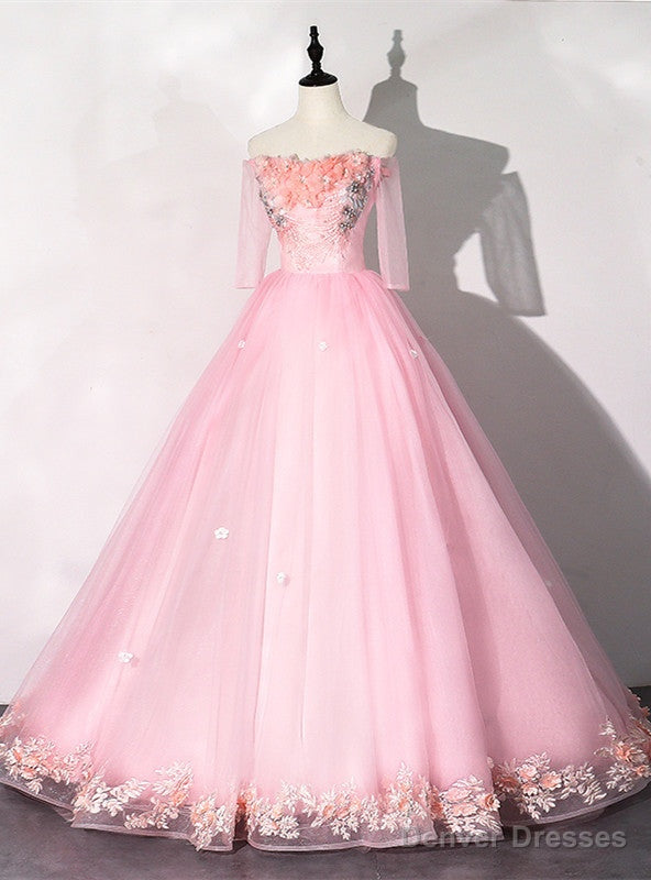 Pink Tulle Off the Shoulder Appliques Quinceanera Dress Main image