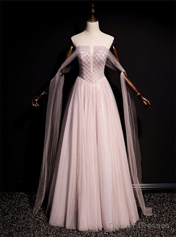 Pink Tulle Off the Shoulder Beading Long Prom Dress Main image