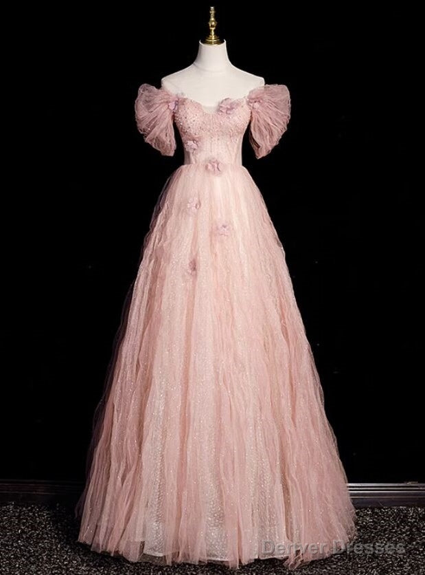 Pink Tulle Off the Shoulder Beading Prom Dress Main image