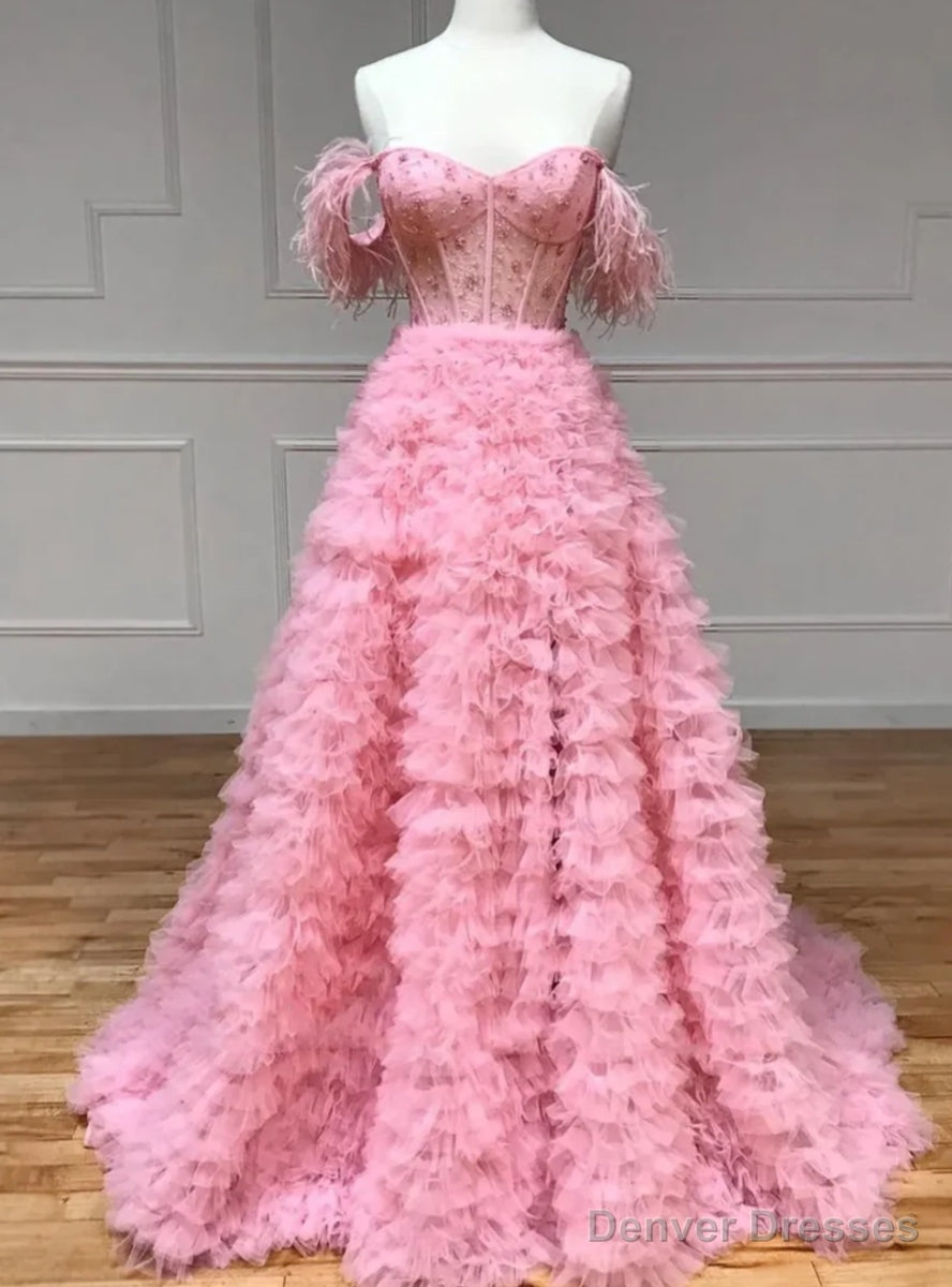 Pink Tulle Off the Shoulder Beading Tiers Prom Dress Main image
