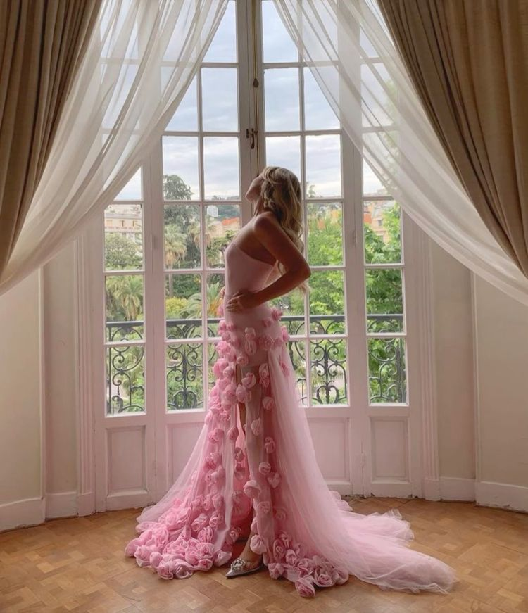 Charming Pink Strapless High Slit Flower Prom Dress Secondary image