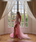 Charming Pink Strapless High Slit Flower Prom Dress