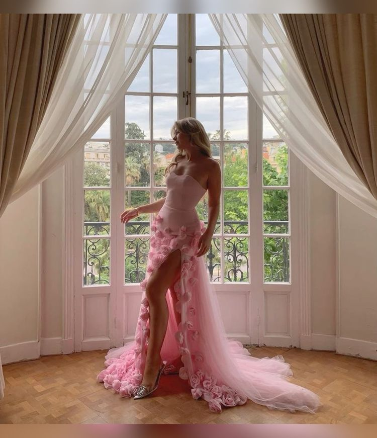 Charming Pink Strapless High Slit Flower Prom Dress
