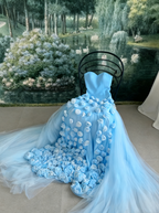 Charming Pink Strapless High Slit Flower Prom Dress