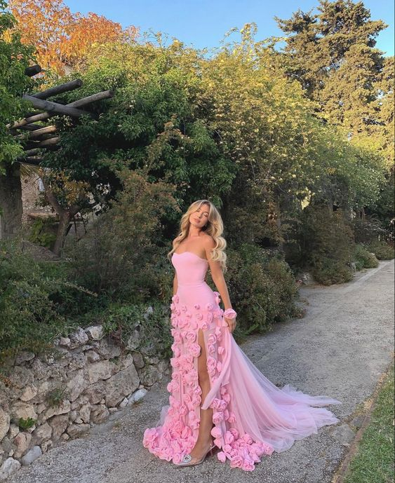 Charming Pink Strapless High Slit Flower Prom Dress Main image