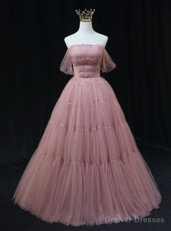 Pink Tulle Off the Shoulder Pleats Beading Prom Dress Main image